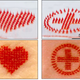 Microneedle patches loaded with red tattoo ink and the resulting tattoos they create, including a small heart and a medical symbol.